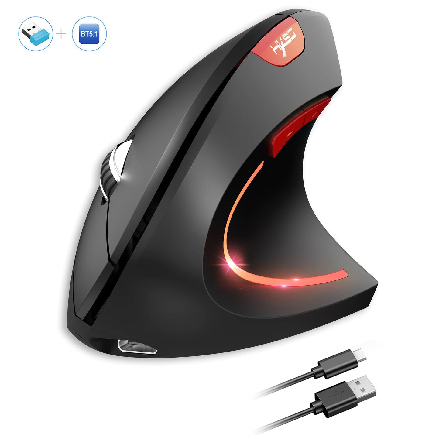 2025 New arrival HXSJ dual mode vertical mouse ergonomic ABS 600mAh rechargeable 2400DPI Type-c interface wireless mouse for pc