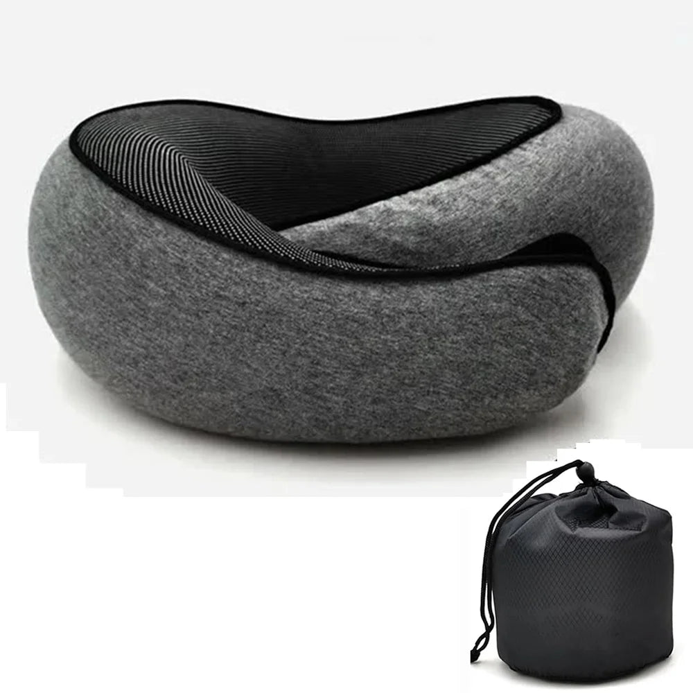 U-shaped travel pillow made of memory foam, spiral style, with neck support. Portable, adjustable, and soft.