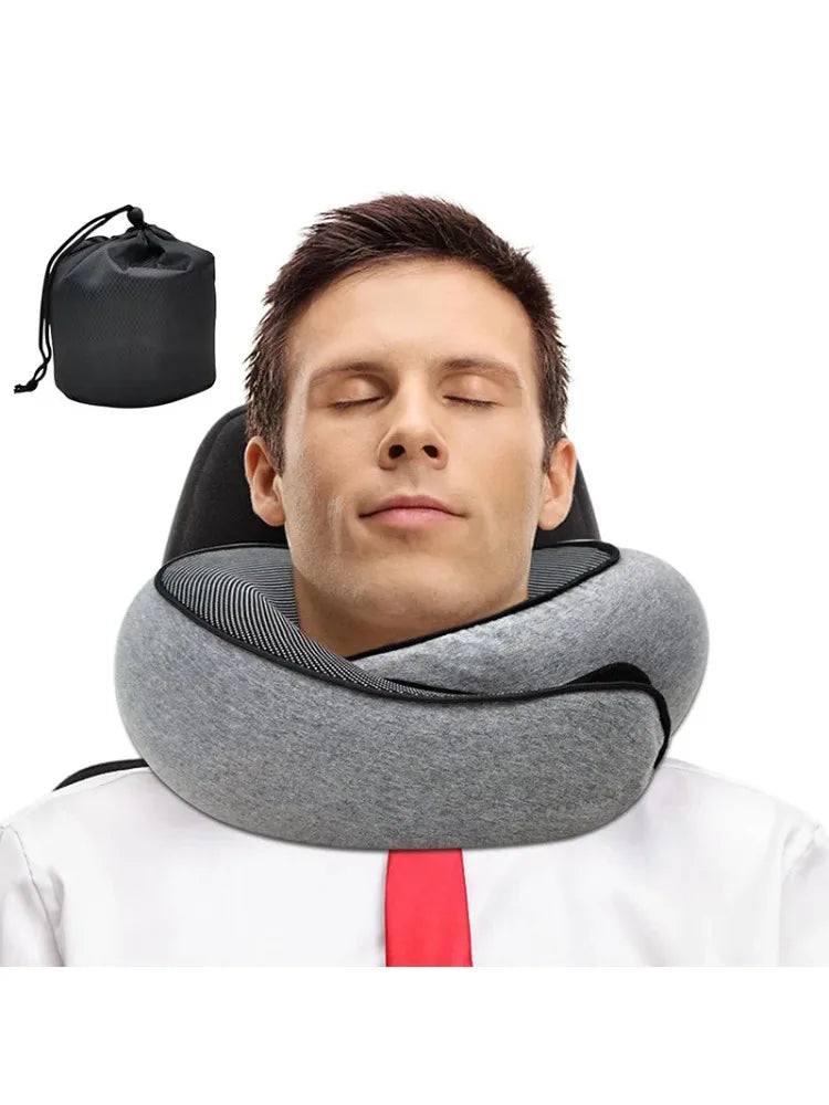 U-shaped travel pillow made of memory foam, spiral style, with neck support. Portable, adjustable, and soft.
