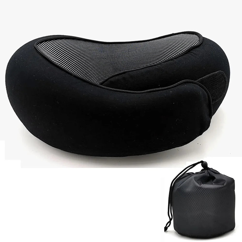 U-shaped travel pillow made of memory foam, spiral style, with neck support. Portable, adjustable, and soft.