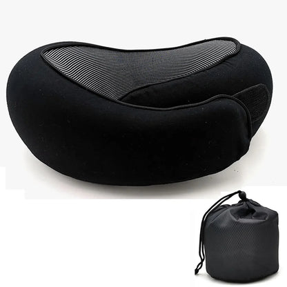 U-shaped travel pillow made of memory foam, spiral style, with neck support. Portable, adjustable, and soft.