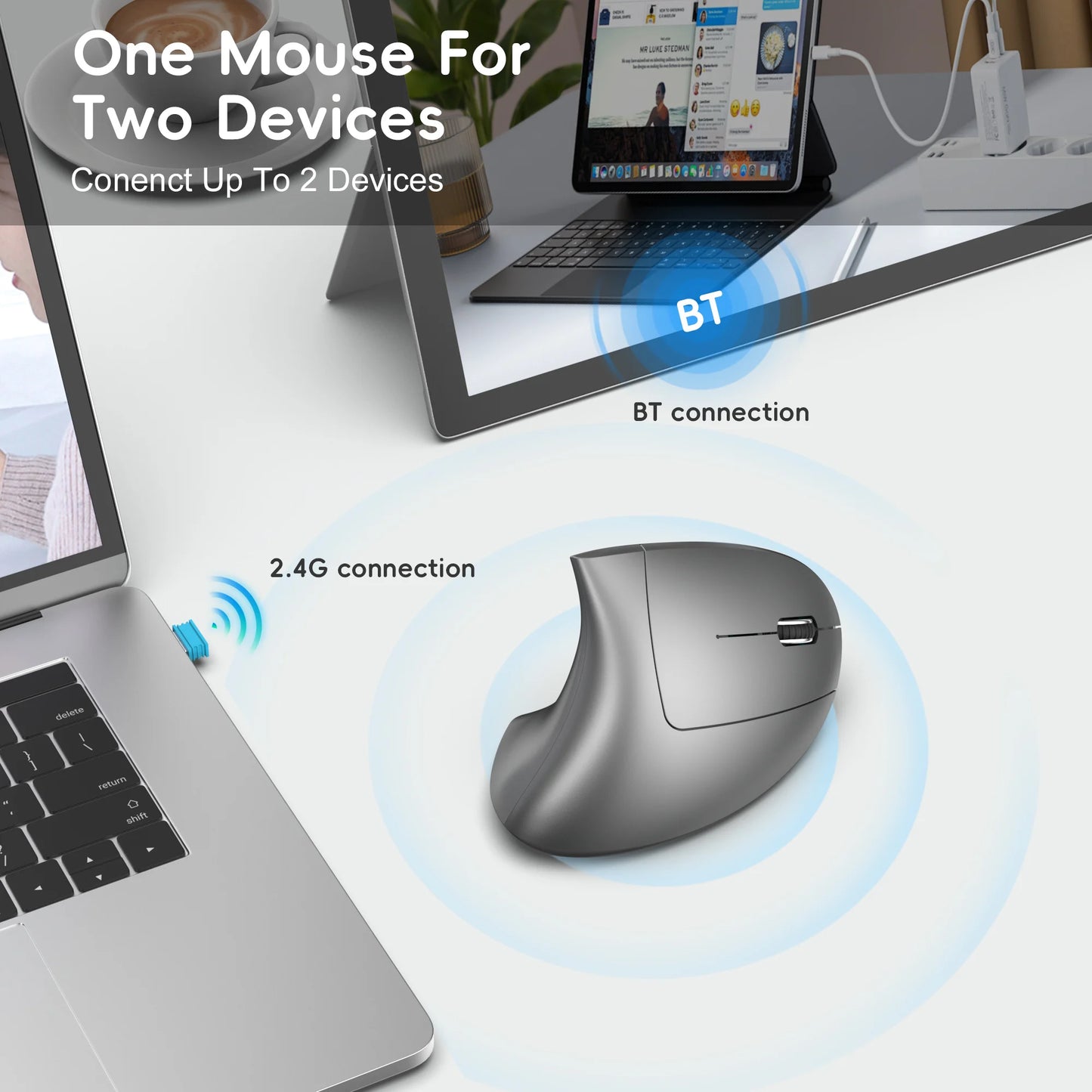 2025 New arrival HXSJ dual mode vertical mouse ergonomic ABS 600mAh rechargeable 2400DPI  Type-c interface wireless mouse for pc
