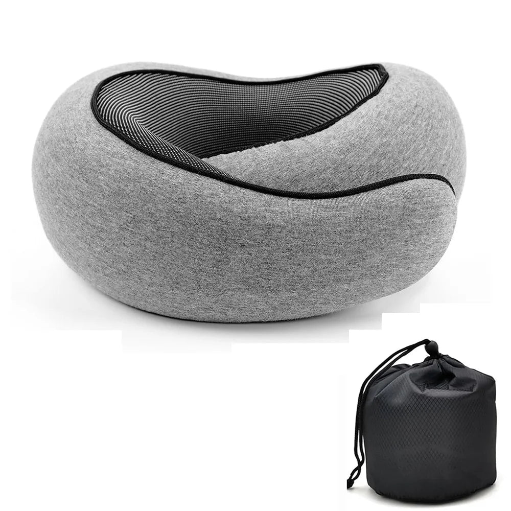 U-shaped travel pillow made of memory foam, spiral style, with neck support. Portable, adjustable, and soft.