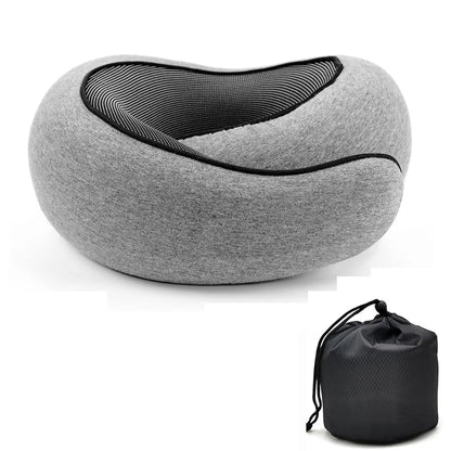 U-shaped travel pillow made of memory foam, spiral style, with neck support. Portable, adjustable, and soft.