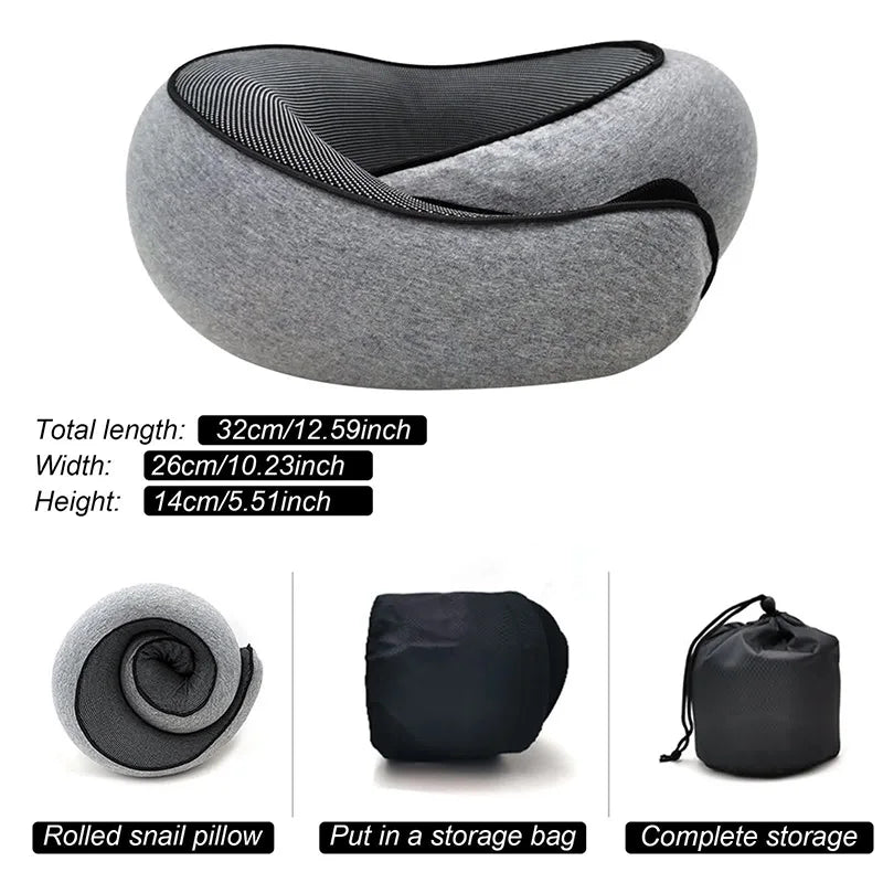 U-shaped travel pillow made of memory foam, spiral style, with neck support. Portable, adjustable, and soft.