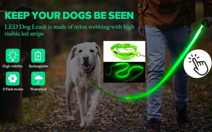 Led Pet Dog Leash Rope With Light Luminous  Lead Leash USB Charging for Dog Safety Flashing Glowing Collar Harness Accessories