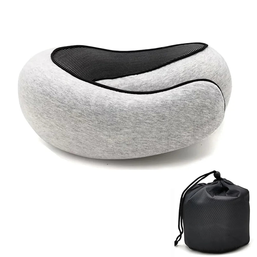 U-shaped travel pillow made of memory foam, spiral style, with neck support. Portable, adjustable, and soft.