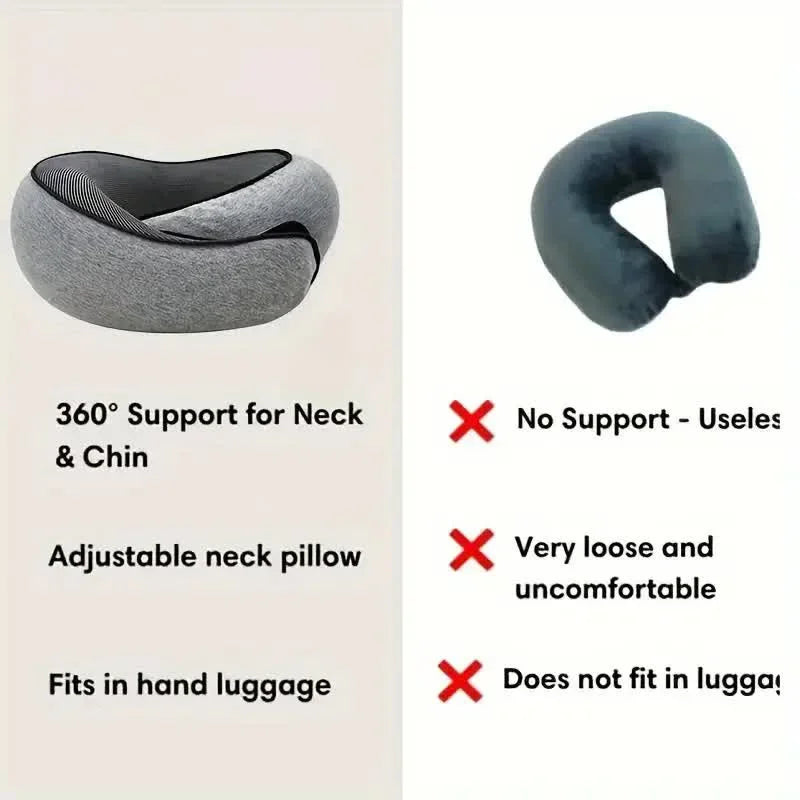 U-shaped travel pillow made of memory foam, spiral style, with neck support. Portable, adjustable, and soft.