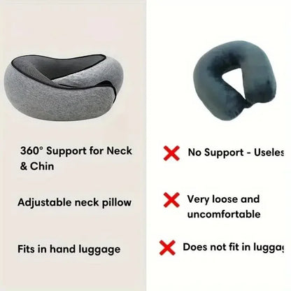 U-shaped travel pillow made of memory foam, spiral style, with neck support. Portable, adjustable, and soft.