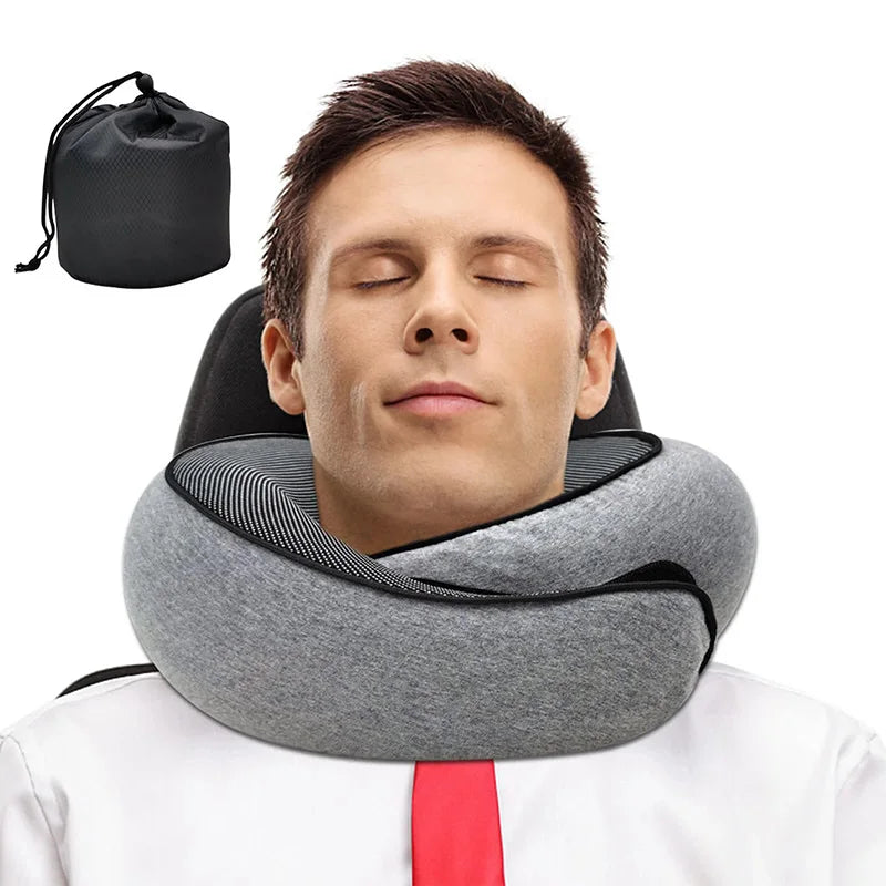 U-shaped travel pillow made of memory foam, spiral style, with neck support. Portable, adjustable, and soft.